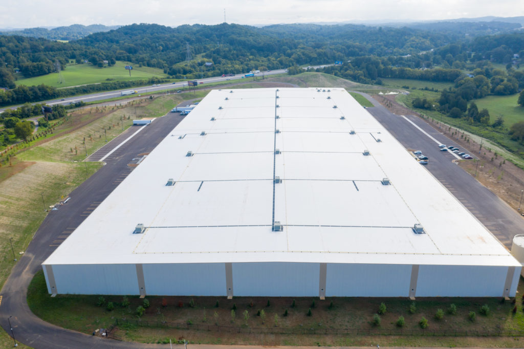 Aerial view of a commercial roofing project completed by Rackley Roofing.